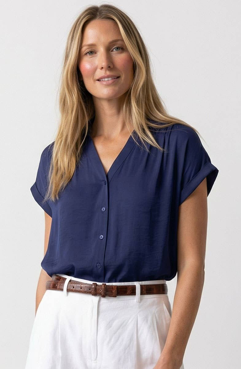 Petra V-Neck Cuffed Short Sleeve Button-Down Blouse: Navy