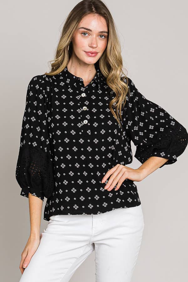 Esme Bracelet Sleeve with Eyelet lace trim blouse: Black
