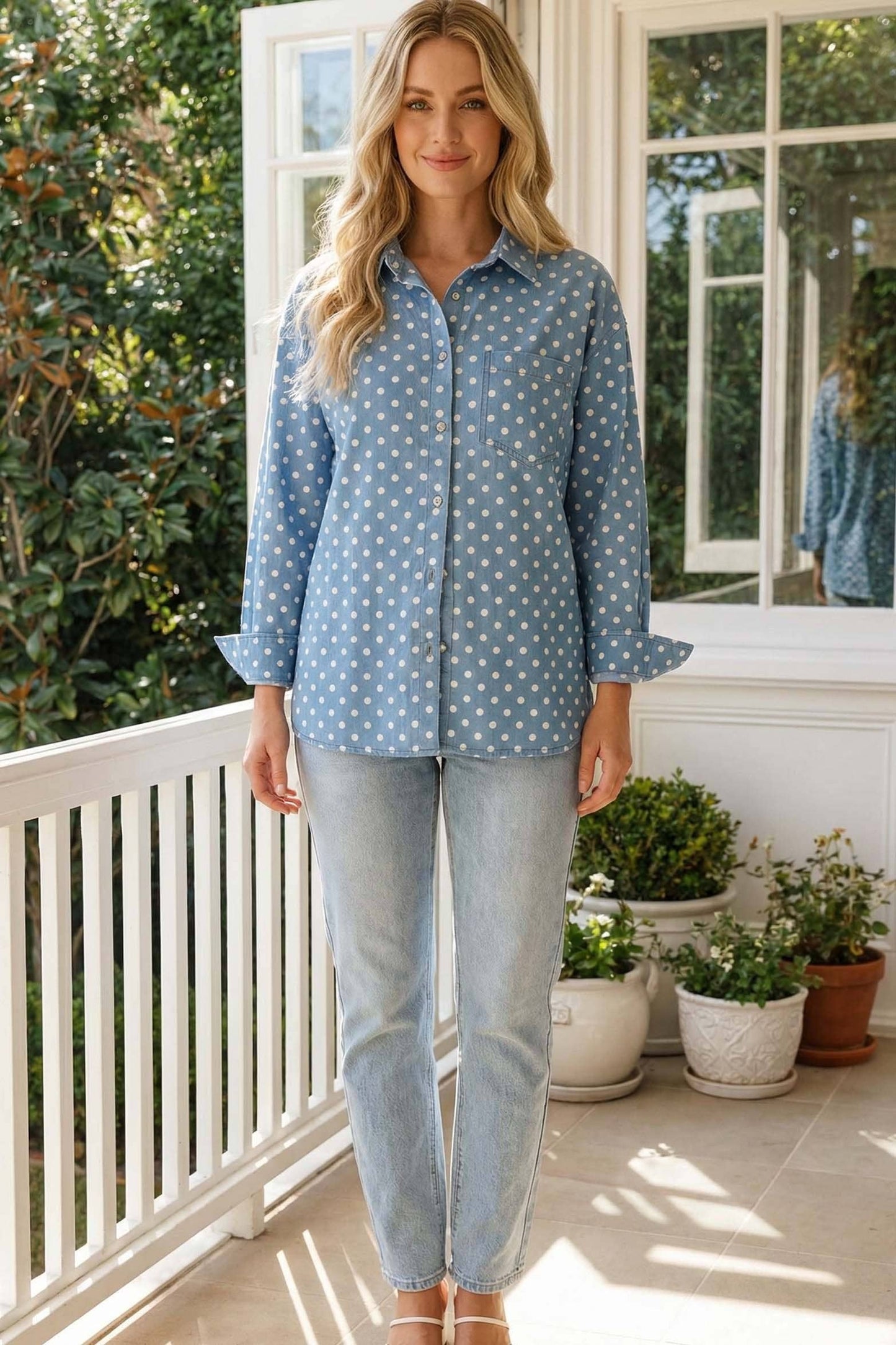 Presley Polka Dot Collared Open Front Pocket Denim Shirt