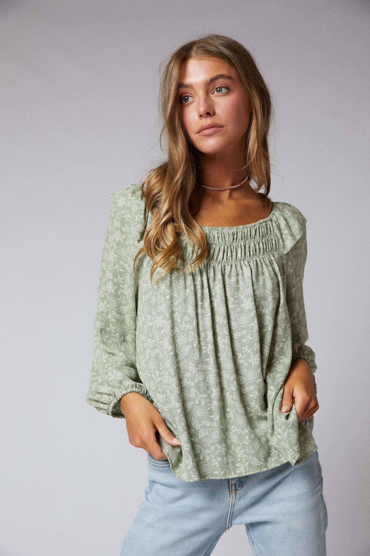 Sagebrush 3/4 Sleeves Ruffle Peasant Hi Low Top
