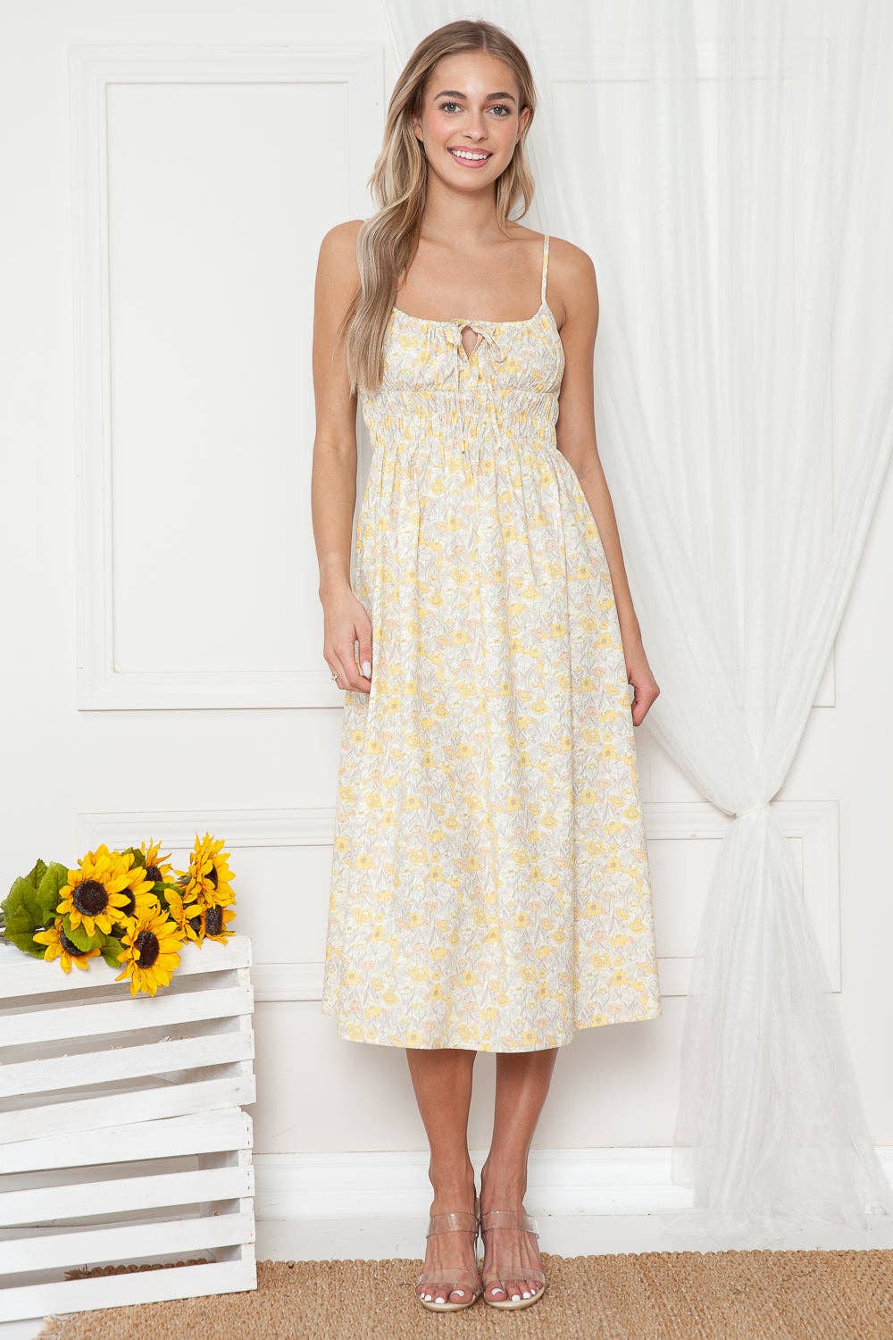 Yellow Poppies Print Olivia Sleeveless Midi Dress