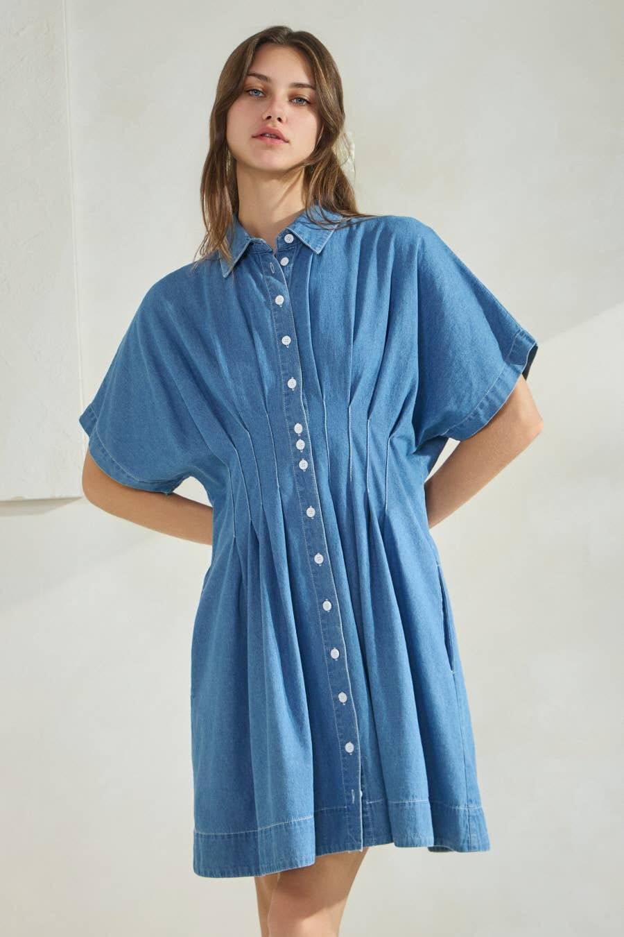 Washed Denim Short Sleeve Shirt Mini Dress : Washed Denim