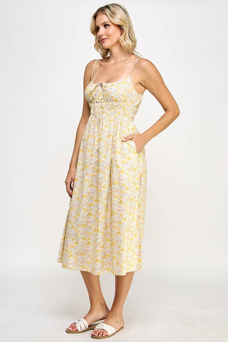 Yellow Poppies Print Olivia Sleeveless Midi Dress
