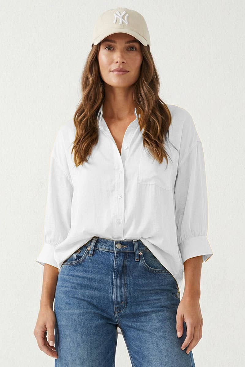 Foster Oversized 3/4 Sleeve Button Up Blouse: Off White
