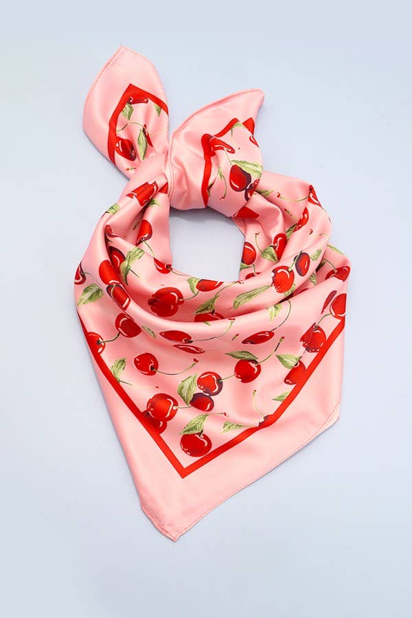 CHERRY PRINT SILKY FEEL BANDANA SCARF | 40SC626: Pink