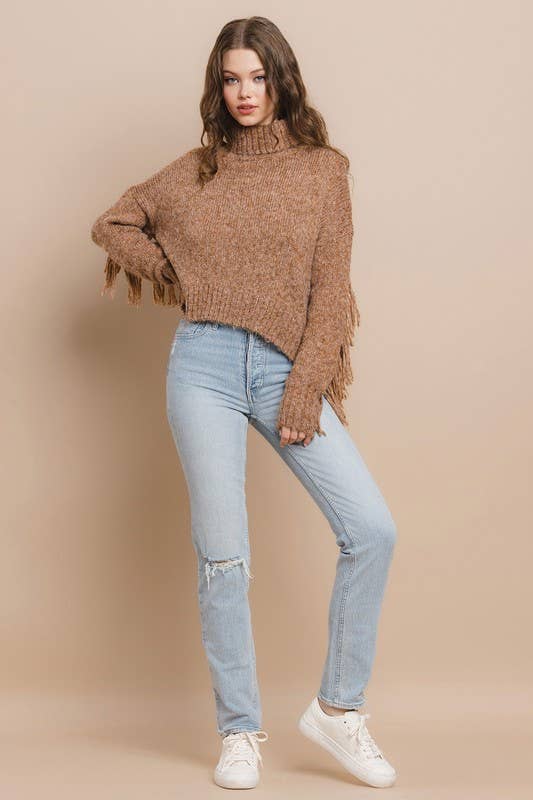 Gilded Knit Fringe Detail Turtle Neckline Sweater: CAMEL