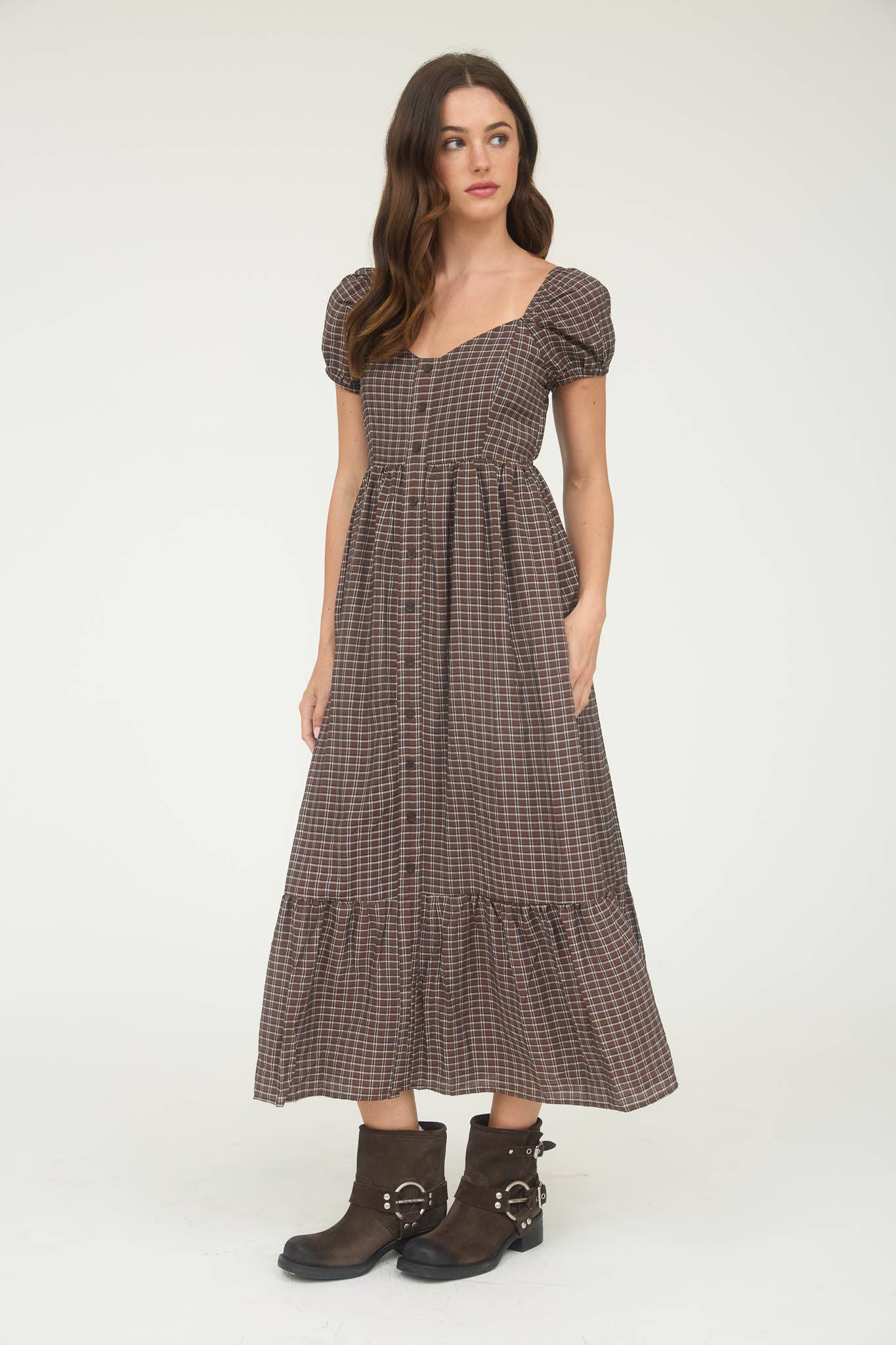 Pecan Plaid Puff Sleeve Button Down Maxi Dress