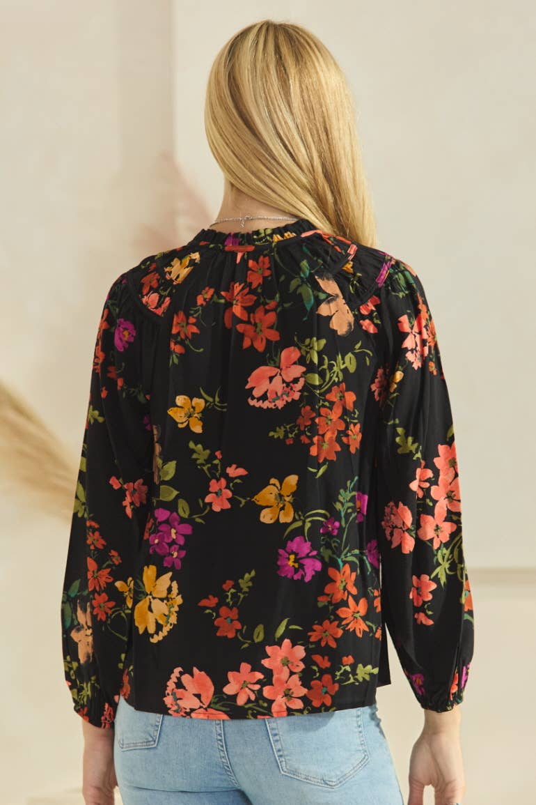 Floral Printed Long Sleeve Blouse: Black Multi