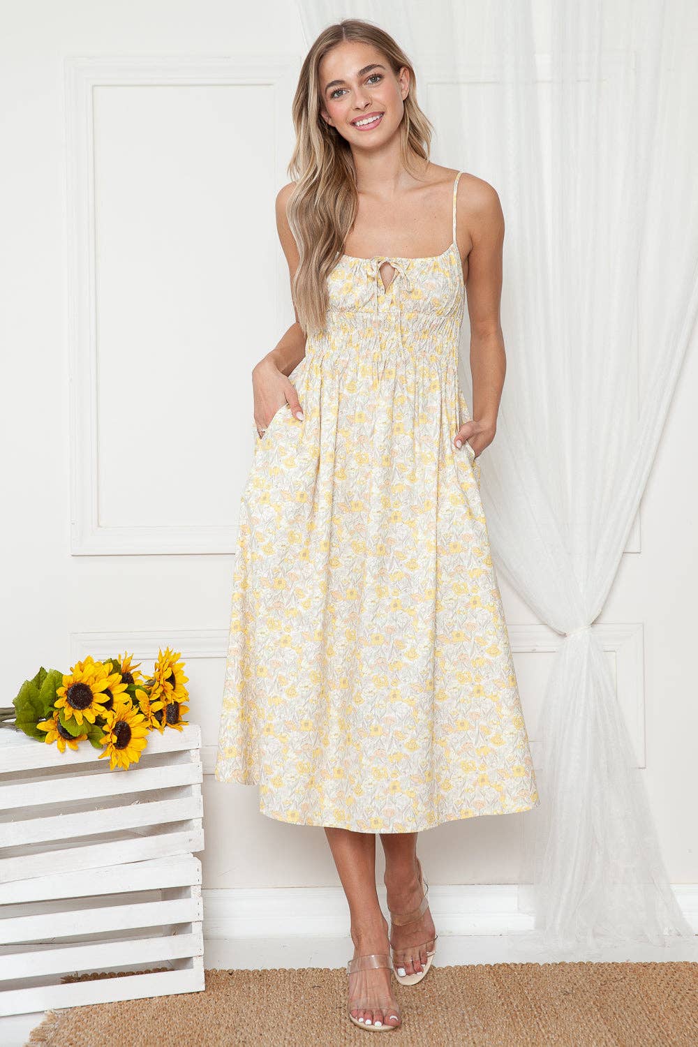 Yellow Poppies Print Olivia Sleeveless Midi Dress