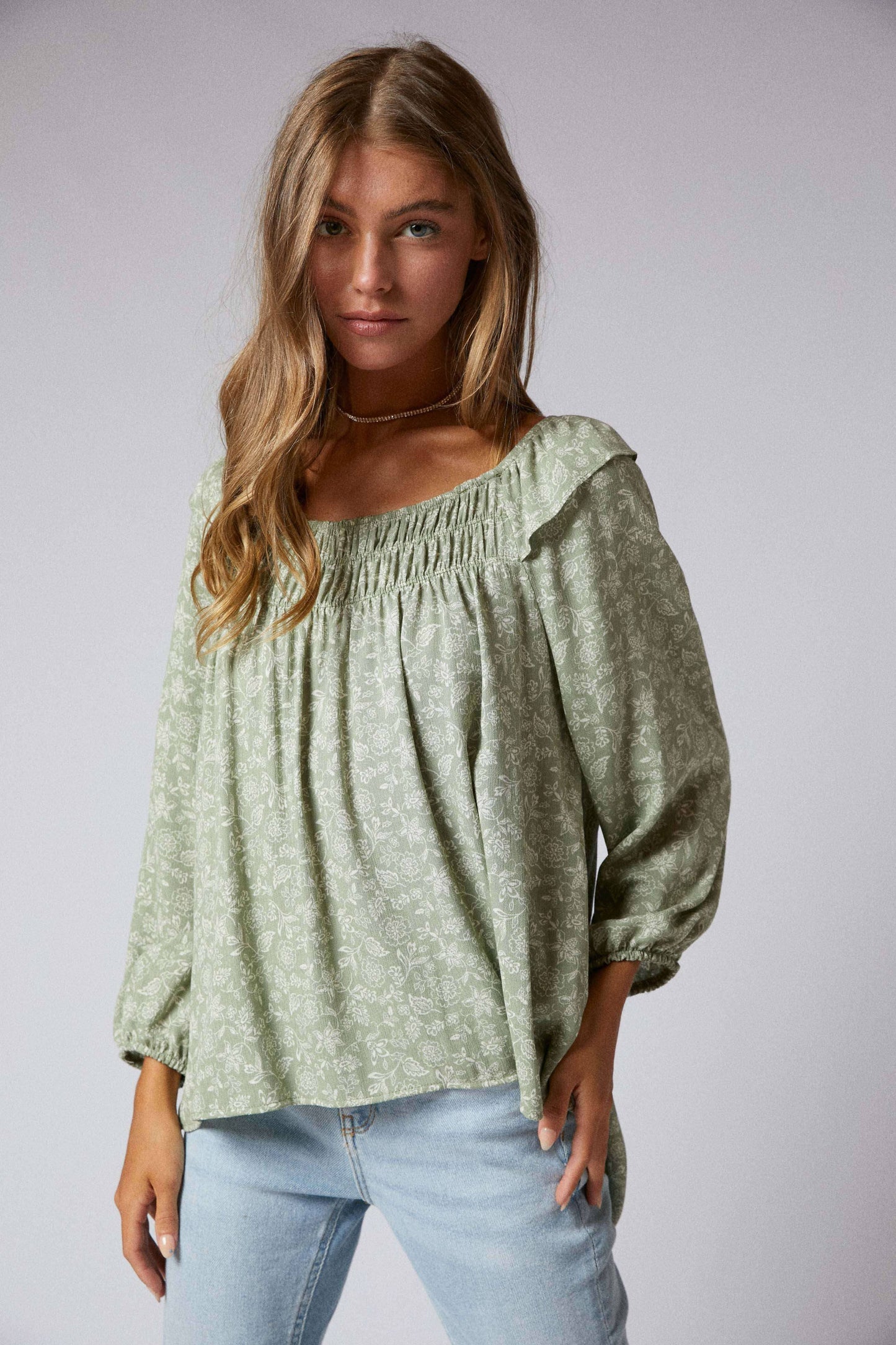 Sagebrush 3/4 Sleeves Ruffle Peasant Hi Low Top