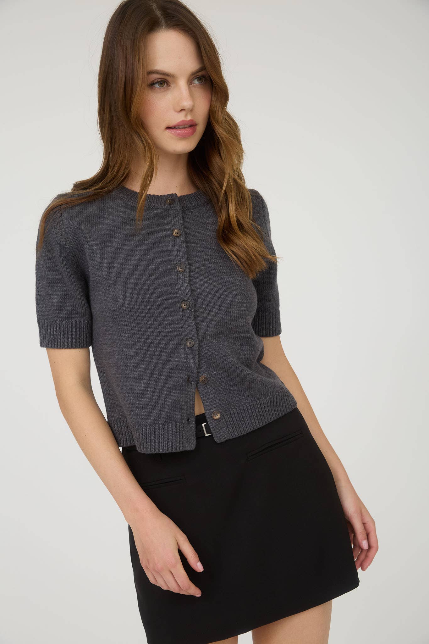 Allison Short Sleeve Knit Cardigan Top: Dark Grey