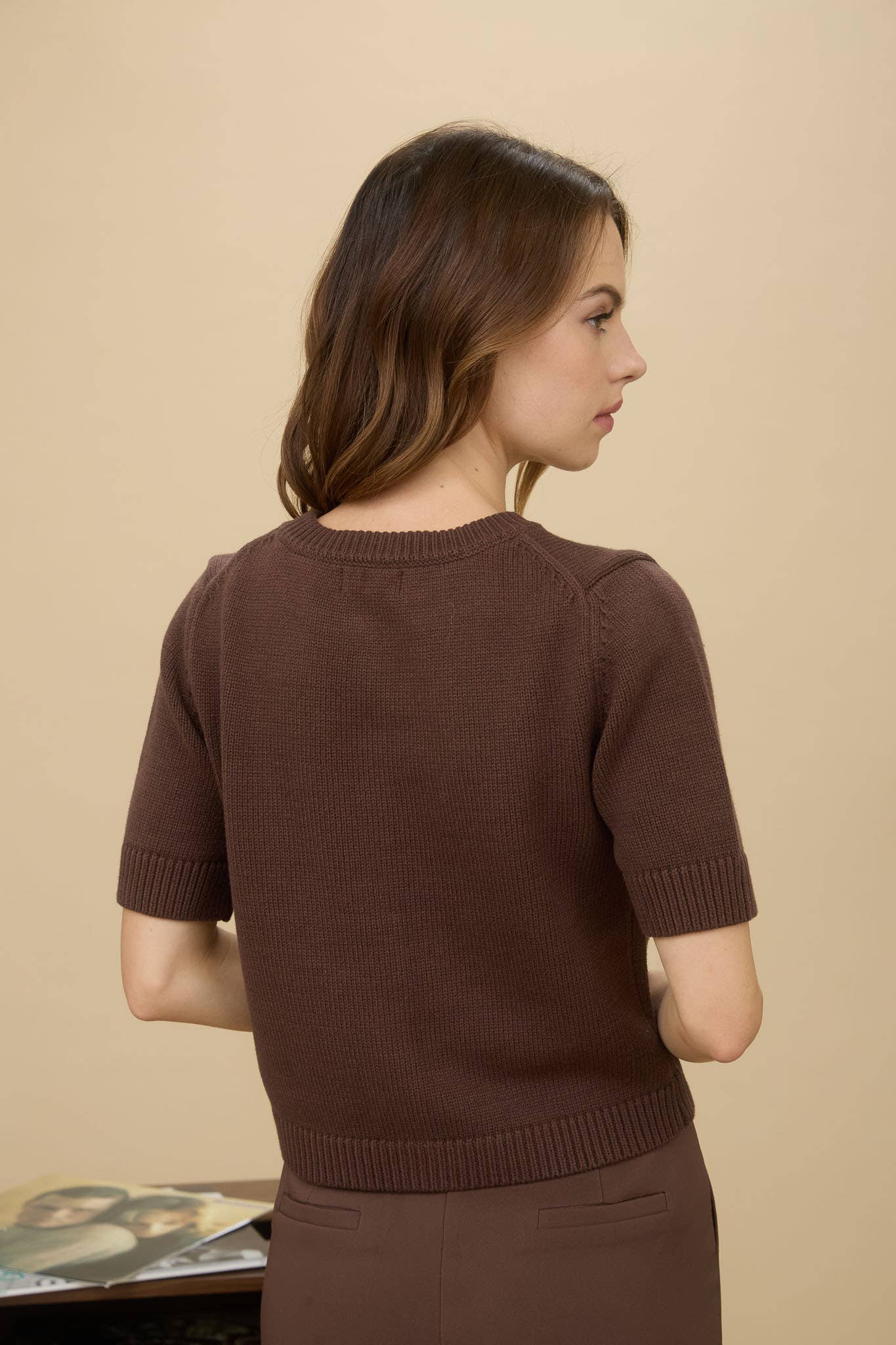 Allison Short Sleeve Knit Cardigan Top: Brown
