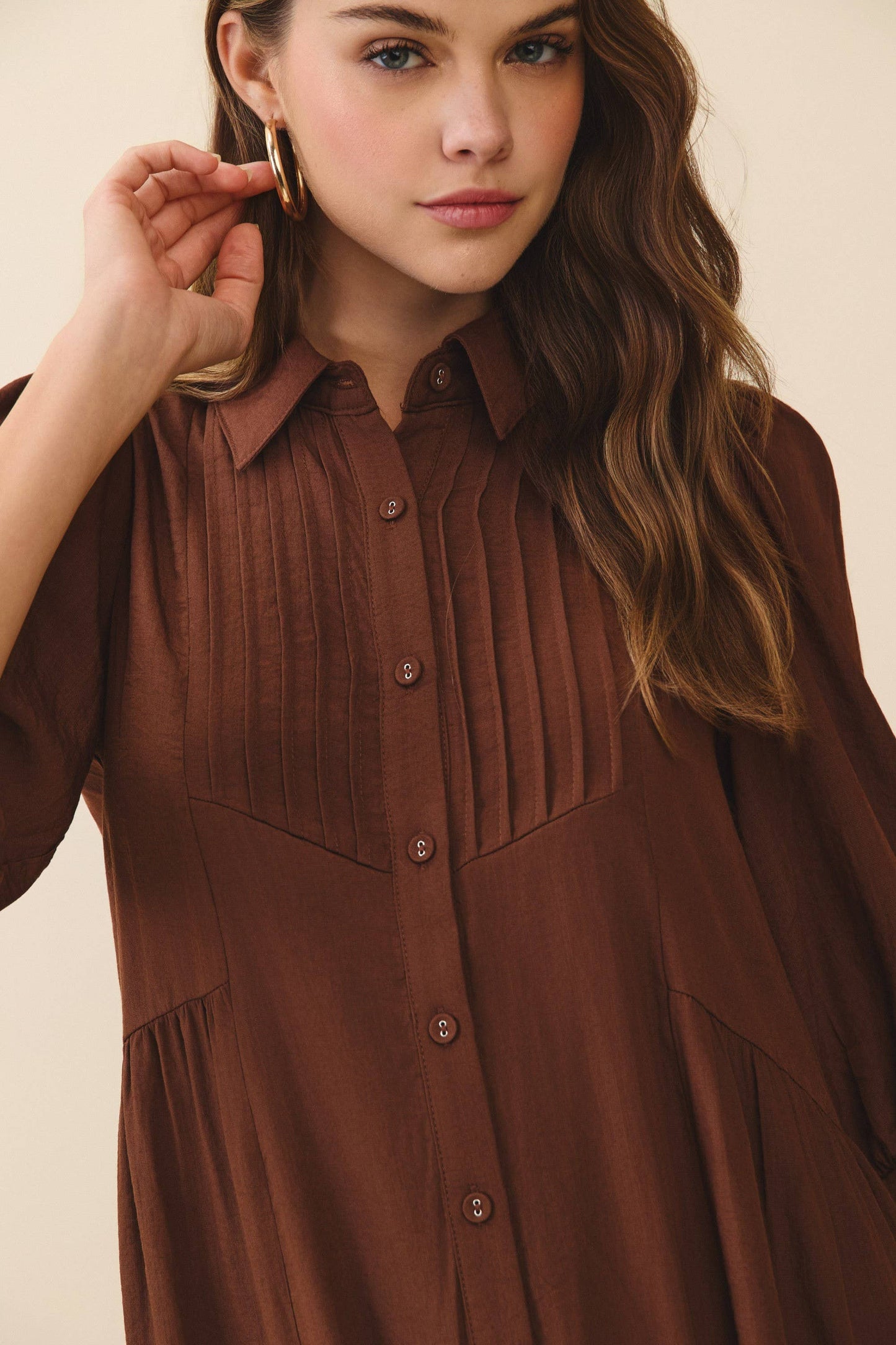 Pintuck Detail Collared Neck Button Down Mid Dress: Brown