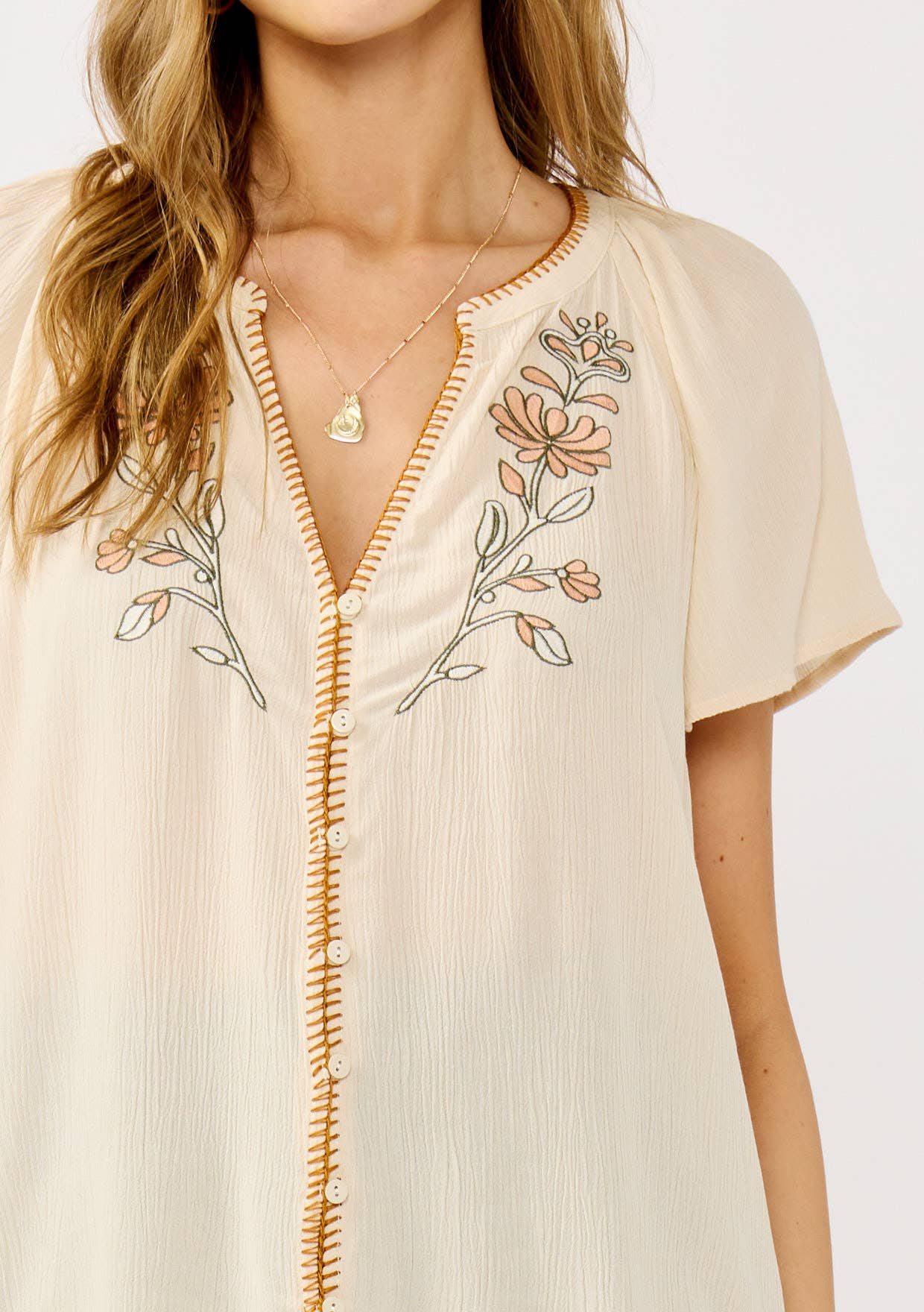 Apricot Blanket Stitch Embroidered Gauze Top: Tea Dye