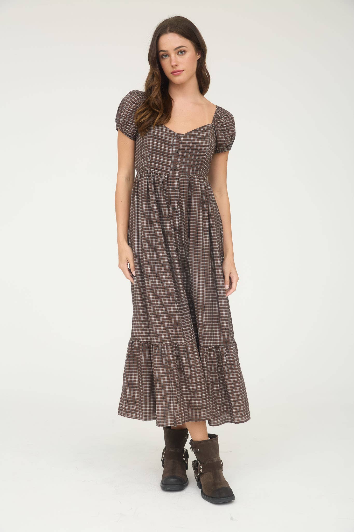 Pecan Plaid Puff Sleeve Button Down Maxi Dress