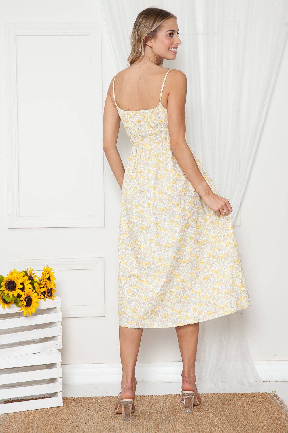 Yellow Poppies Print Olivia Sleeveless Midi Dress