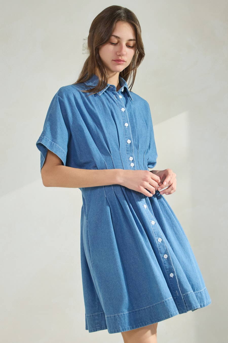 Washed Denim Short Sleeve Shirt Mini Dress : Washed Denim
