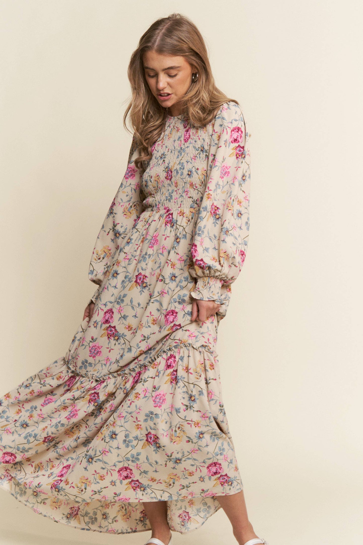 Rosie Floral Print Smocked Tiered Maxi Dress