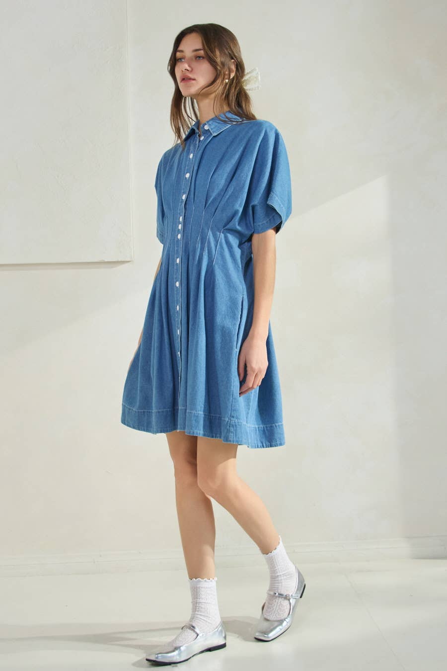 Washed Denim Short Sleeve Shirt Mini Dress : Washed Denim