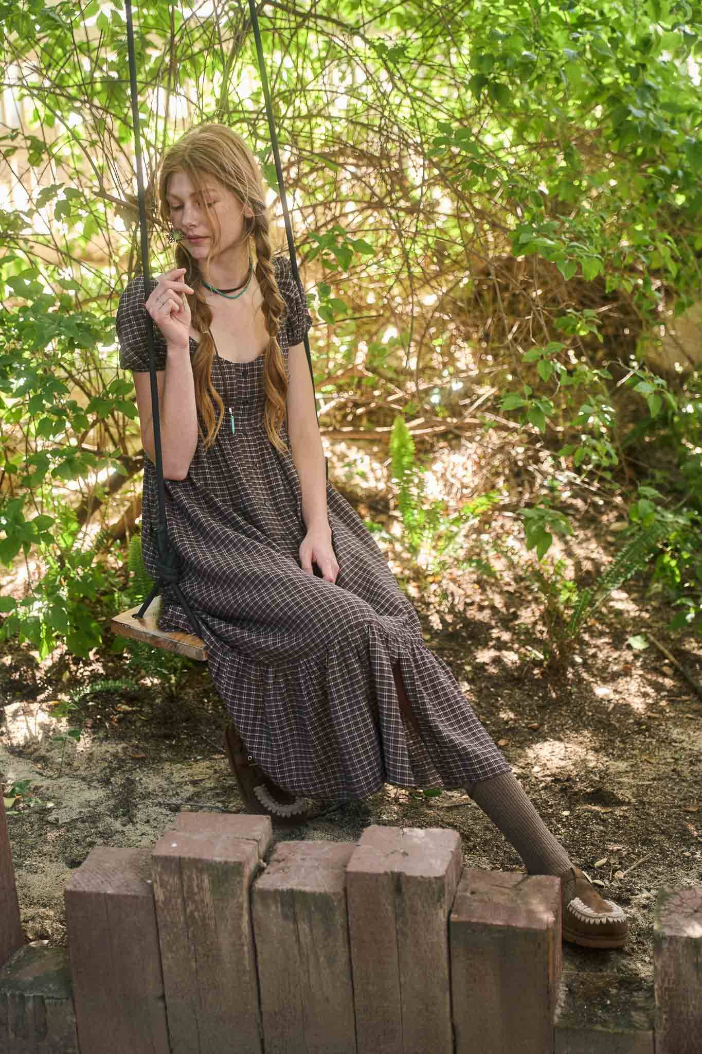 Pecan Plaid Puff Sleeve Button Down Maxi Dress