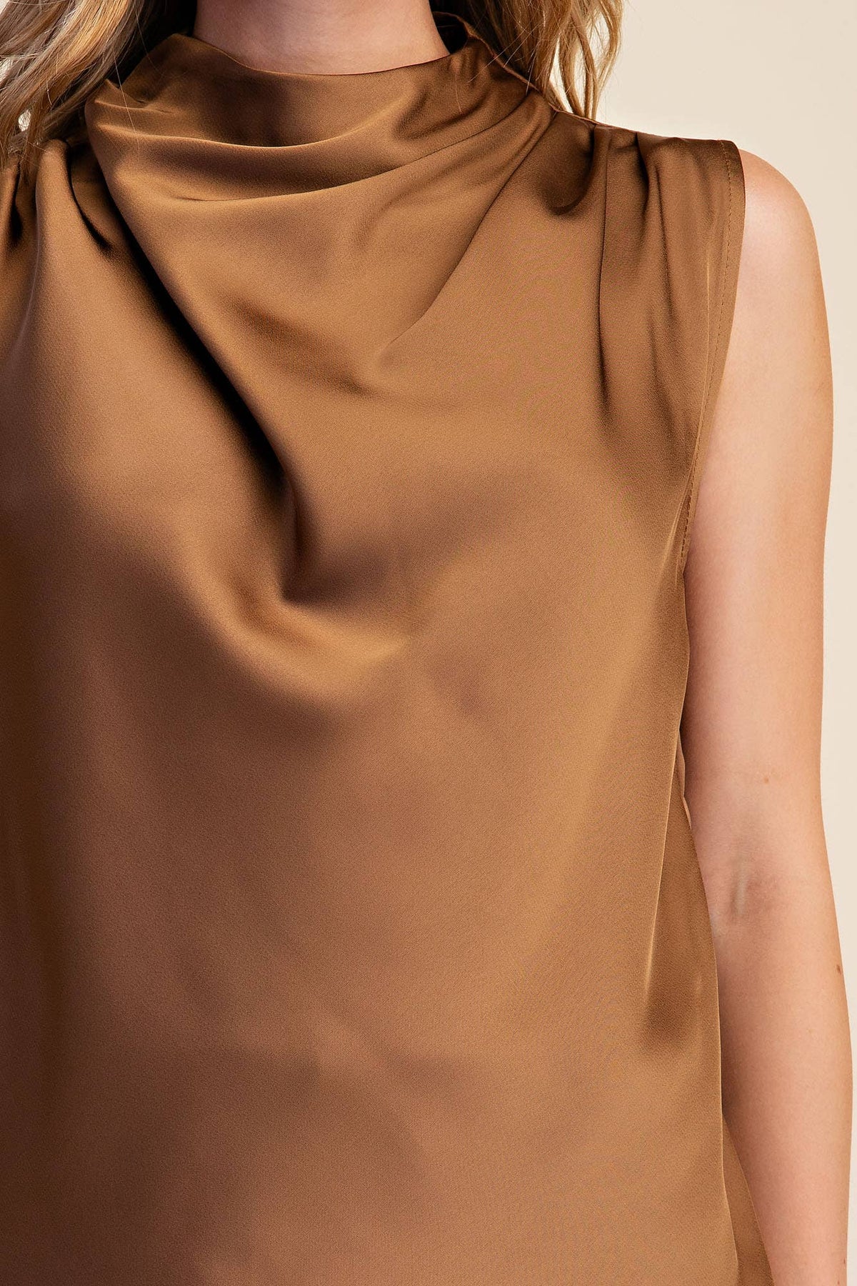 Esme Draped Mock Neck Sleeveless Satin Top: Mocha