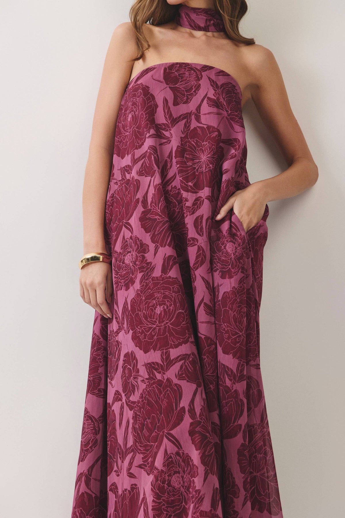 Serena Strapless Floral Scarf Maxi Dress: Burgundy