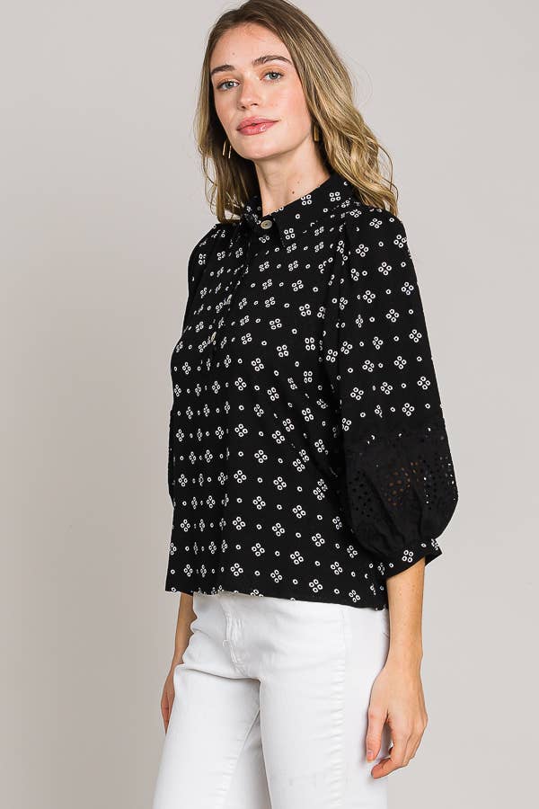 Esme Bracelet Sleeve with Eyelet lace trim blouse: Black