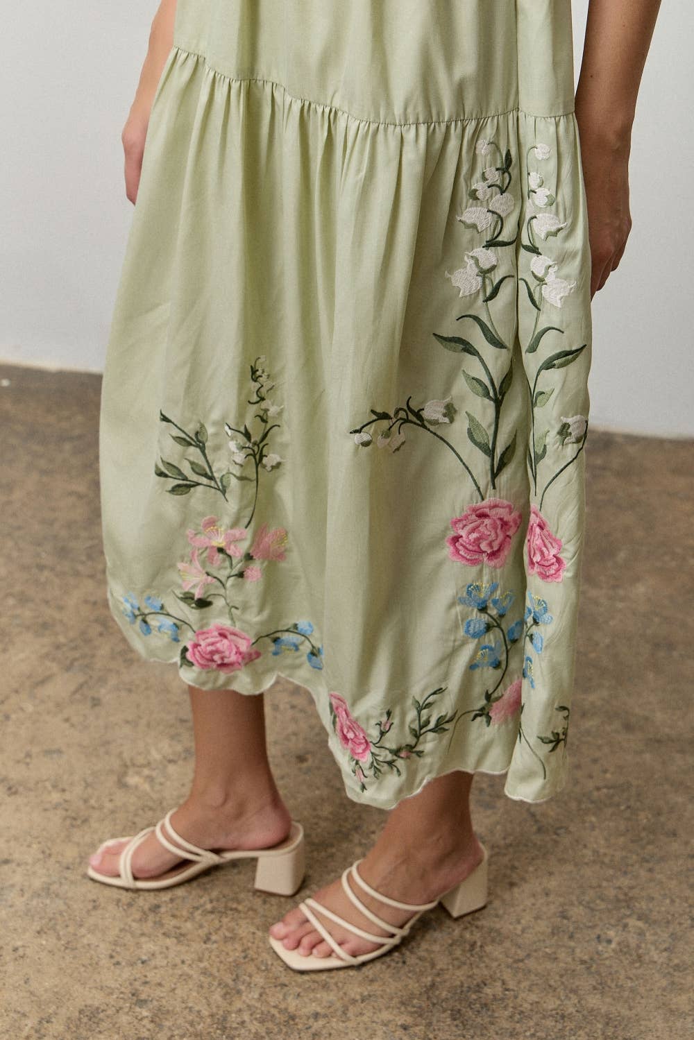 Lily Rose Embroidered Tiered Midi Dress: Sage