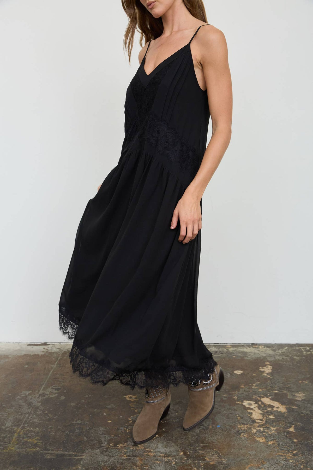 Elise V-Neck Lace-Trim Drop Waist Midi Dress: Black