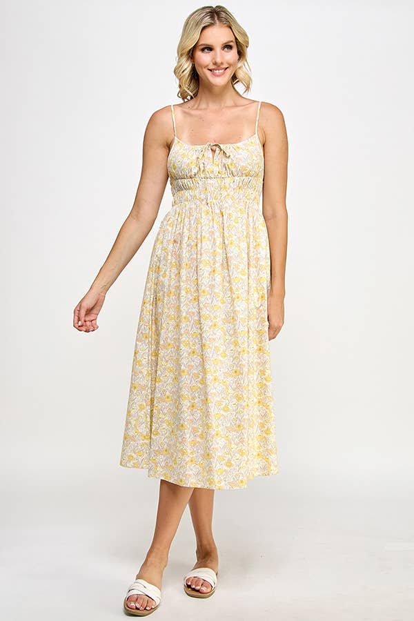 Yellow Poppies Print Olivia Sleeveless Midi Dress