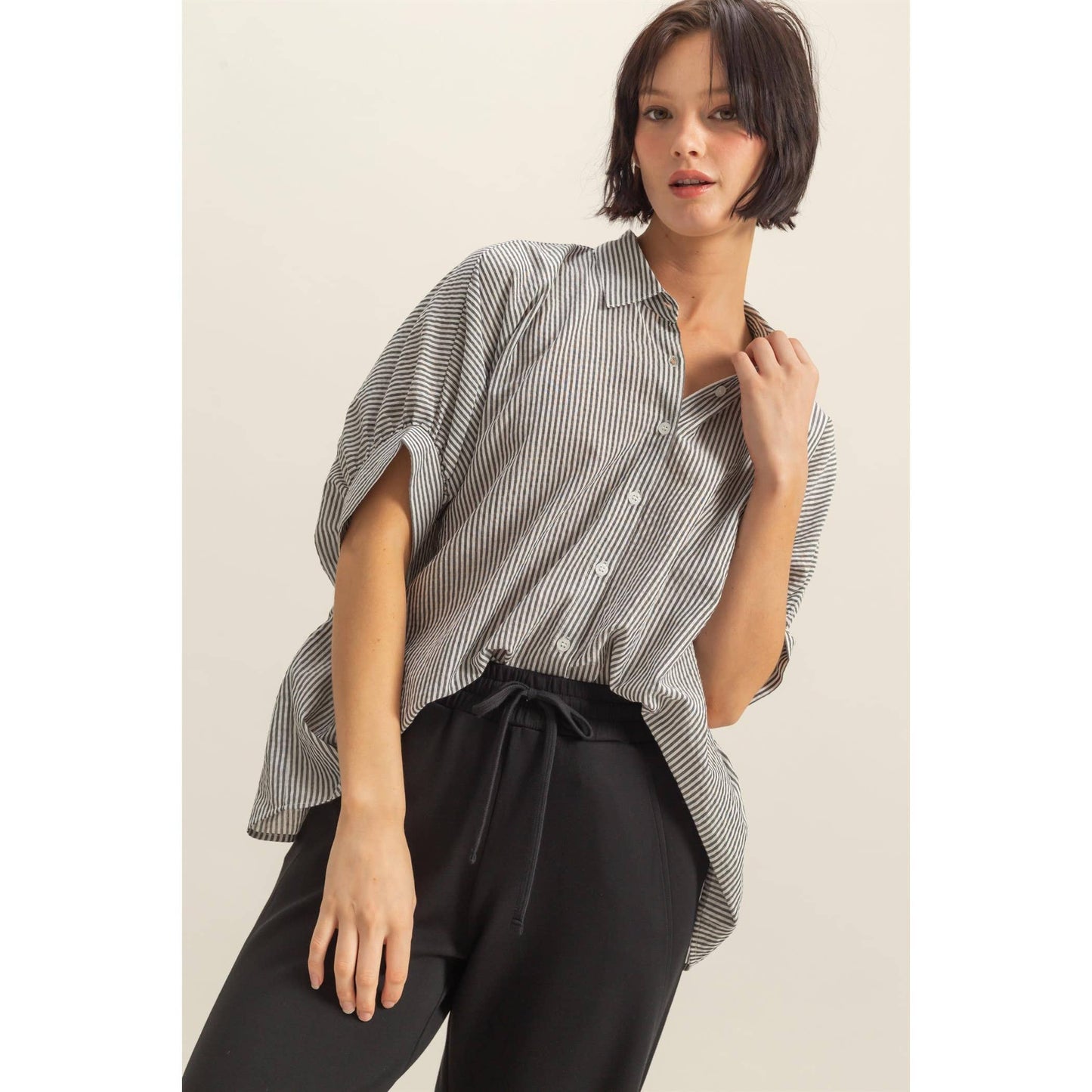 Blackjack Drop Shoulder Striped Button Down Shirt: BLACK/WHITE