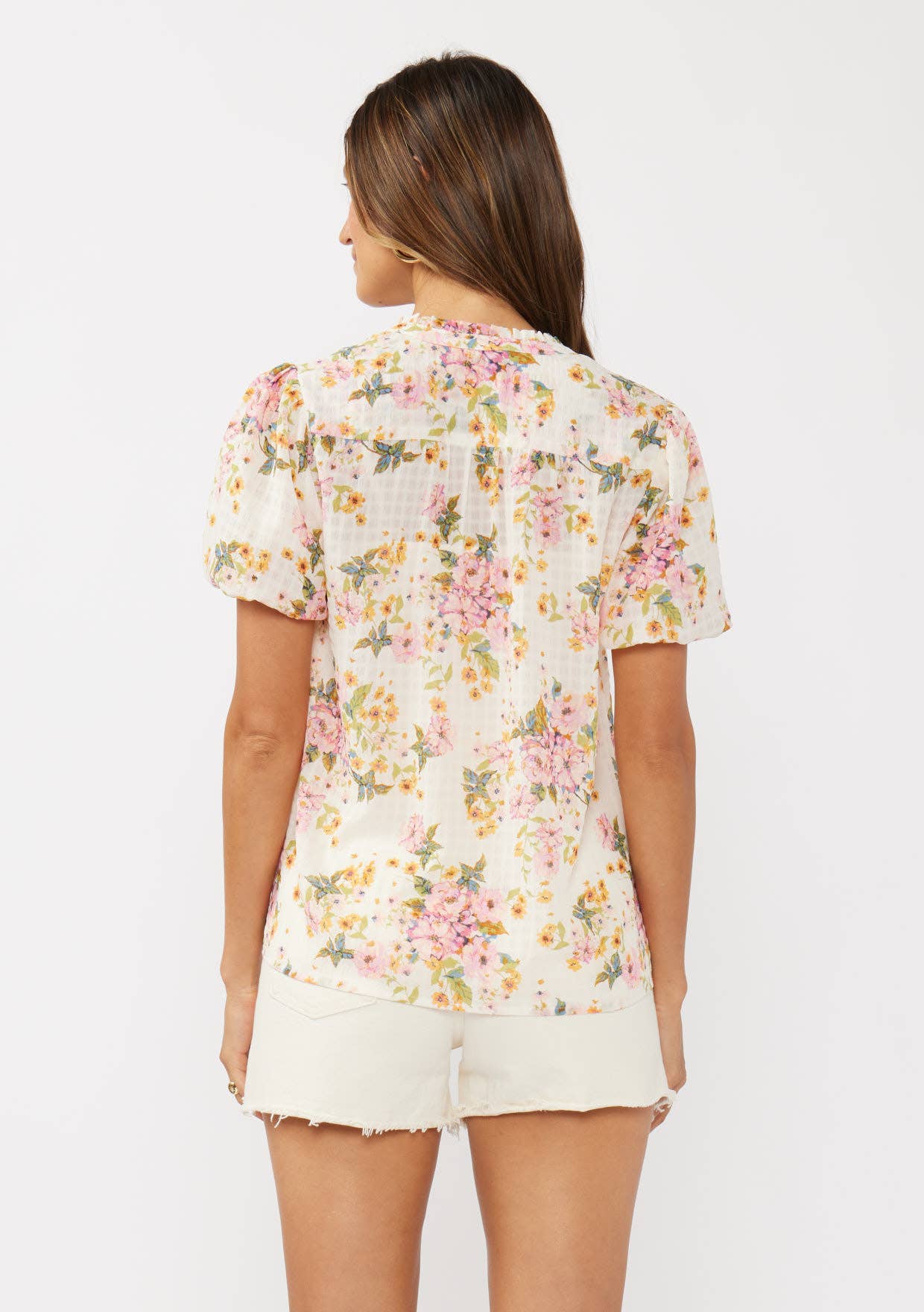 Petal Puff Sleeve Button-Down Top: Natural/Dusty Pink