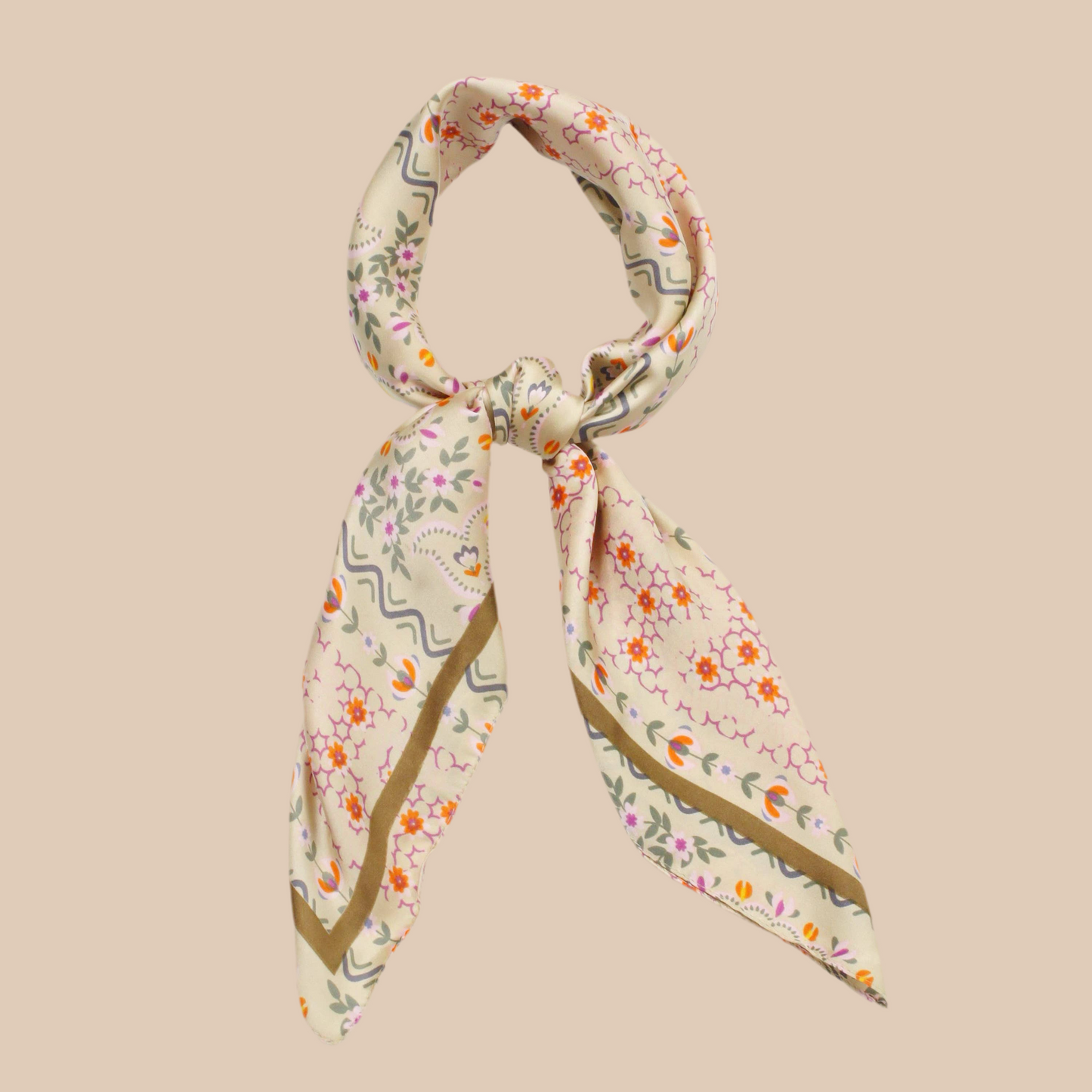 Floral Print Satin Square Scarf/Headwrap/Tube top: Beige Floral