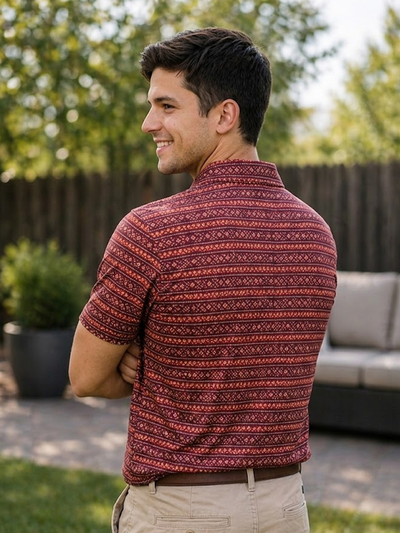 Men's Aztec Western Knit Polo with Pearl Snaps: Red