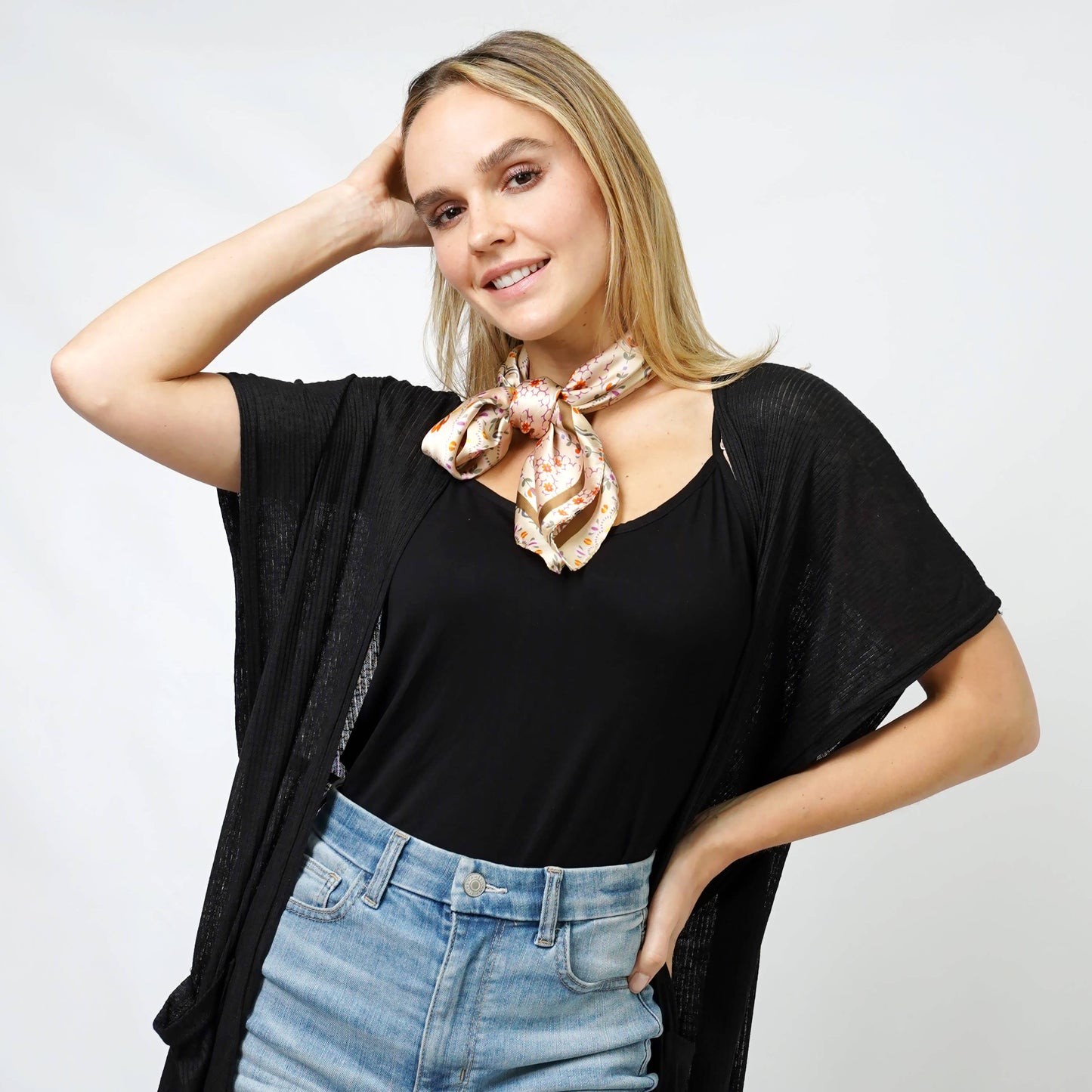 Floral Print Satin Square Scarf/Headwrap/Tube top: Beige Floral