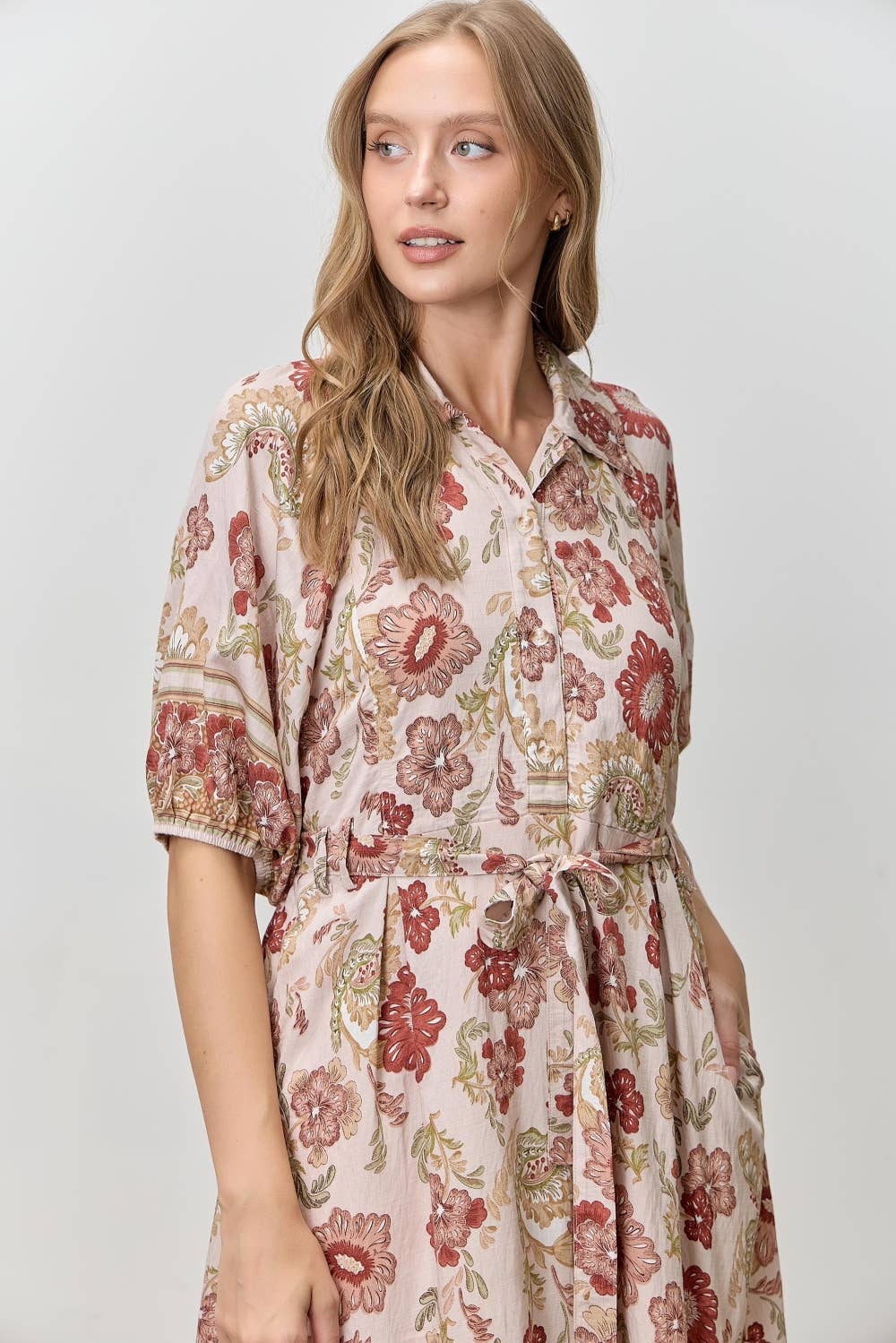 Rosalie Floral Print Button-Front Midi Dress: MAUVE MULTI