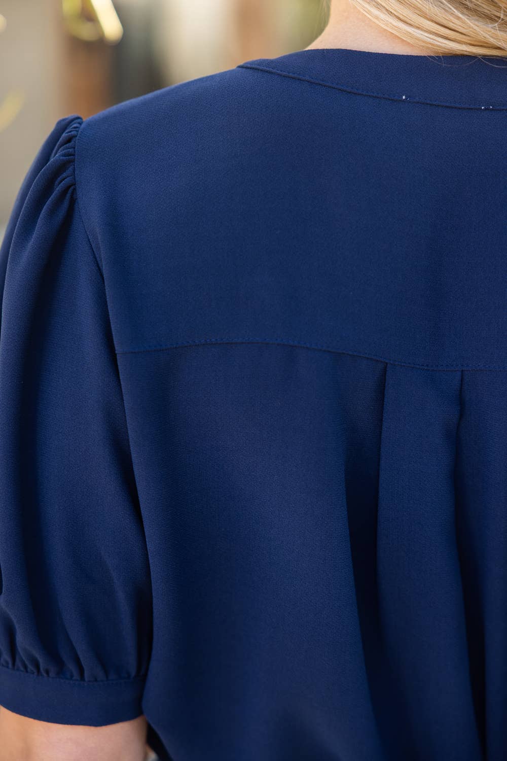 Prescott Button Down Solid Puff Sleeve Top: Navy