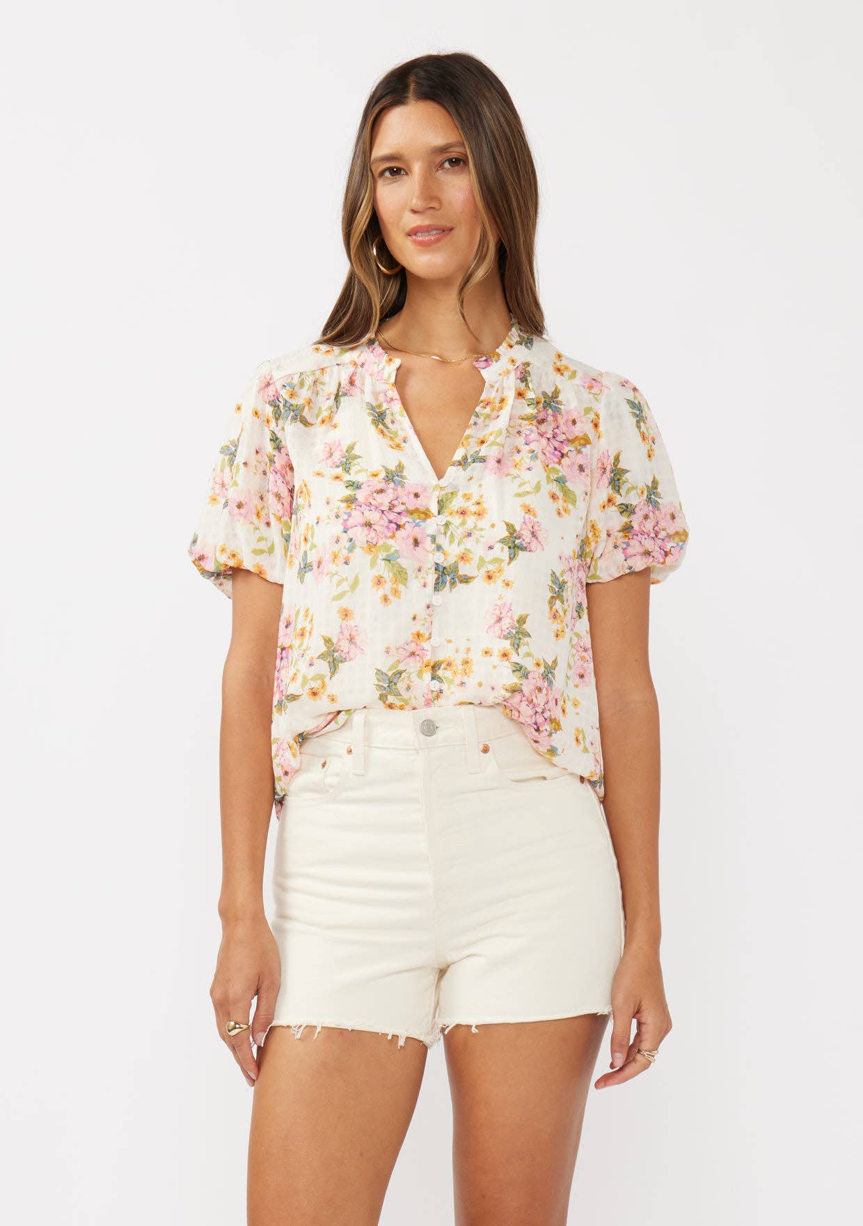 Petal Puff Sleeve Button-Down Top: Natural/Dusty Pink