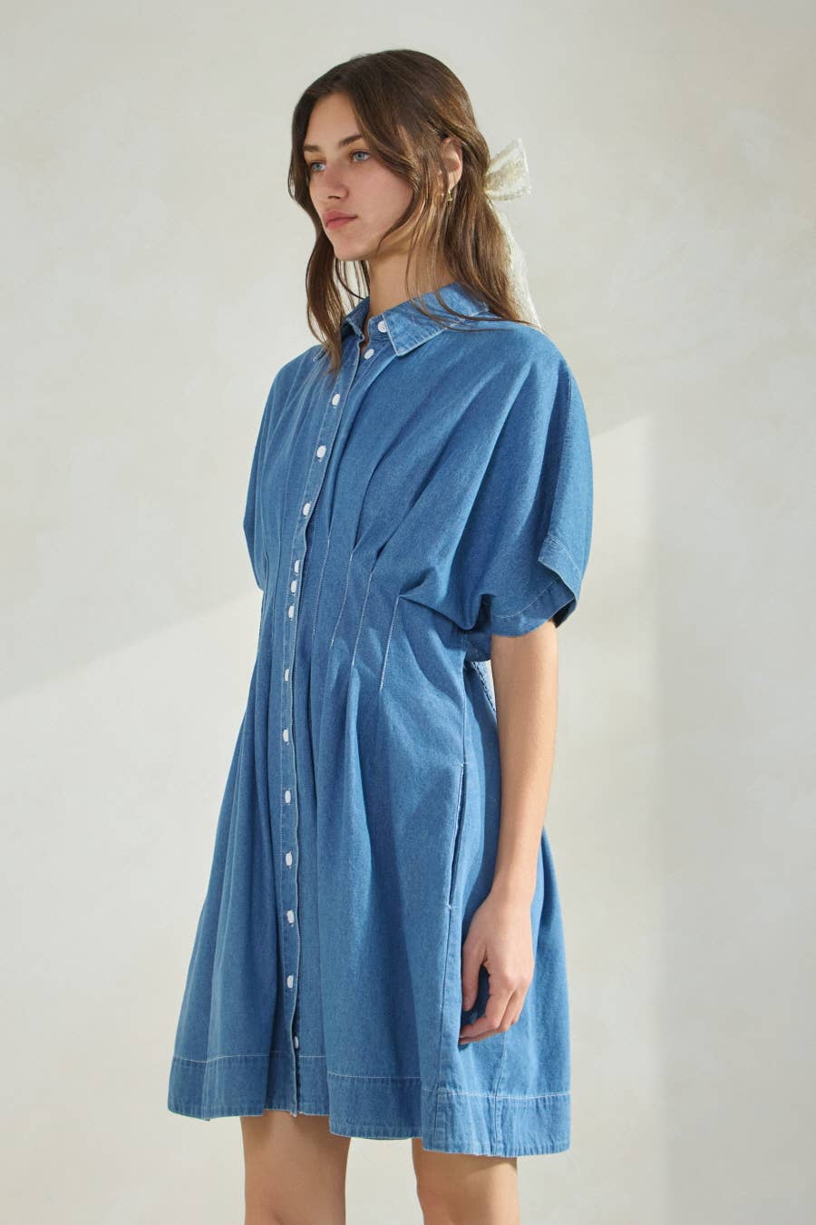 Washed Denim Short Sleeve Shirt Mini Dress : Washed Denim
