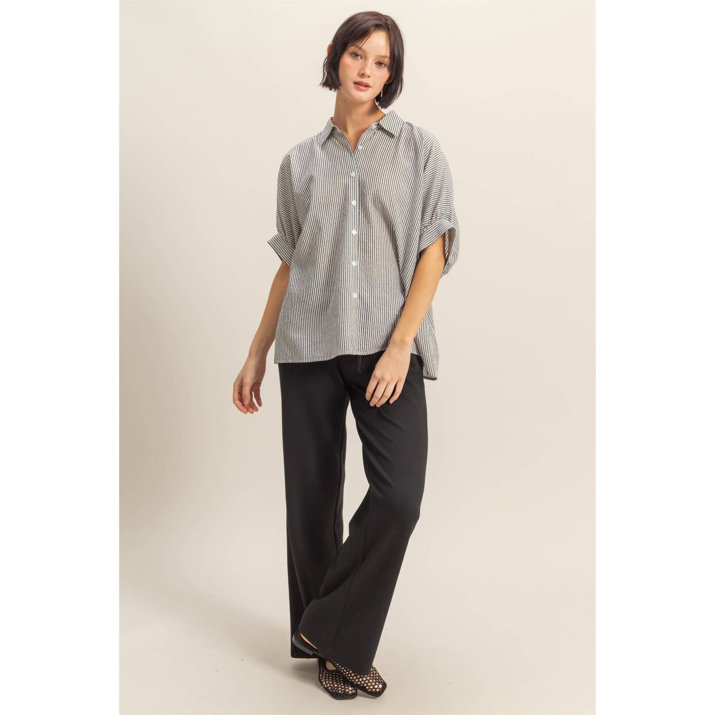 Blackjack Drop Shoulder Striped Button Down Shirt: BLACK/WHITE
