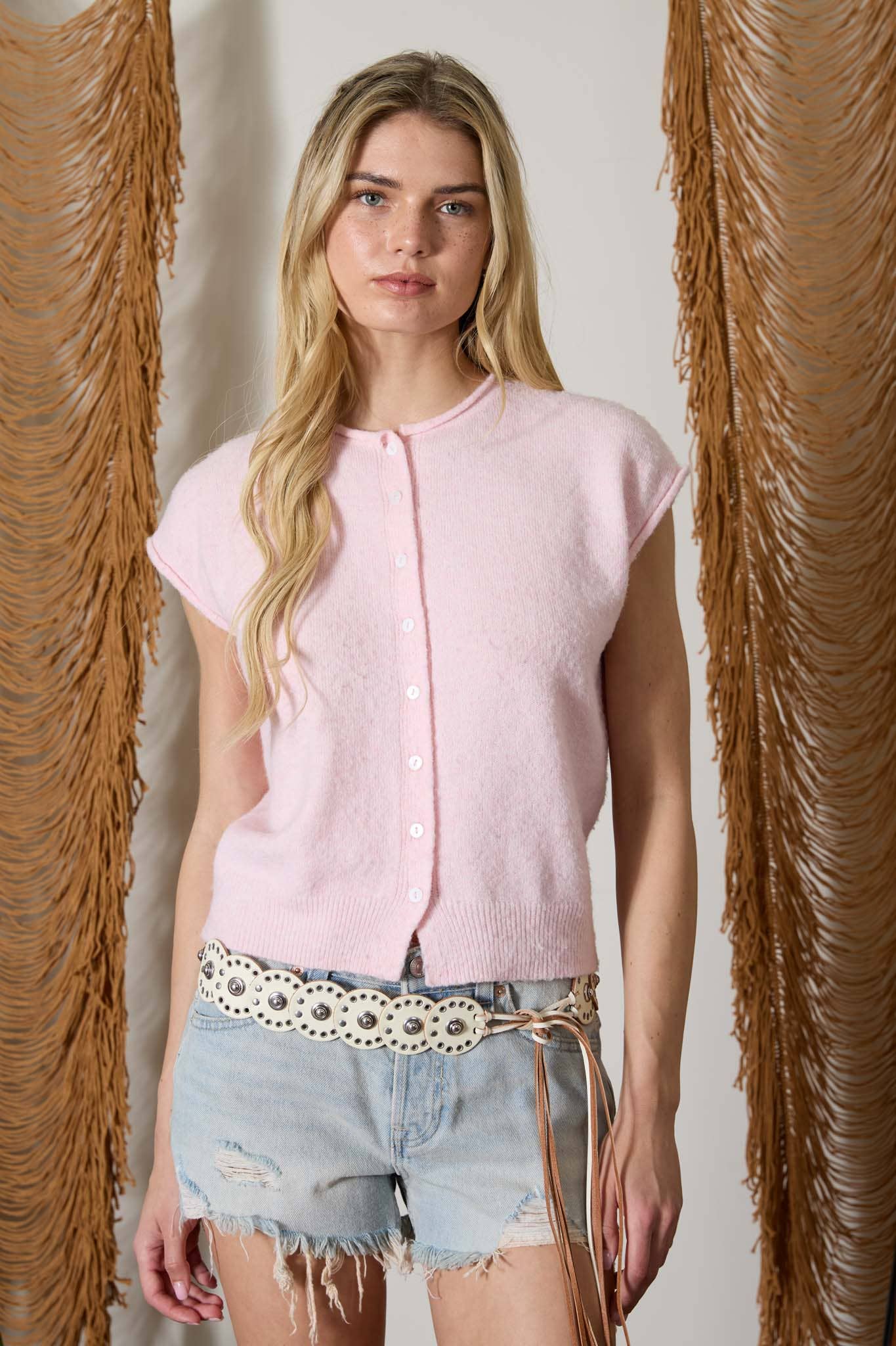 Posy Raw Edge Sleeveless Lightweight Cardigan: Pink