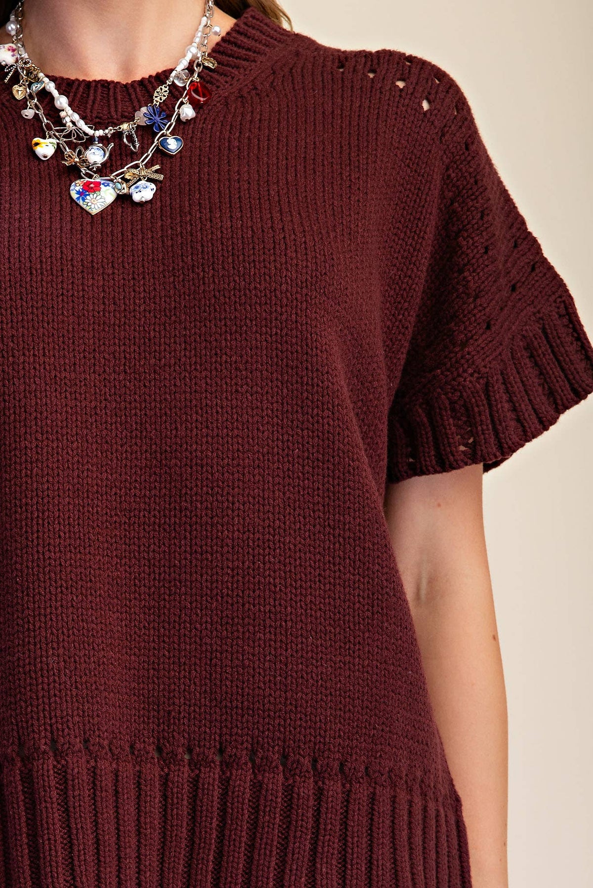 Della Short-Sleeve Eyelet Crew-Neck Sweater: Brown