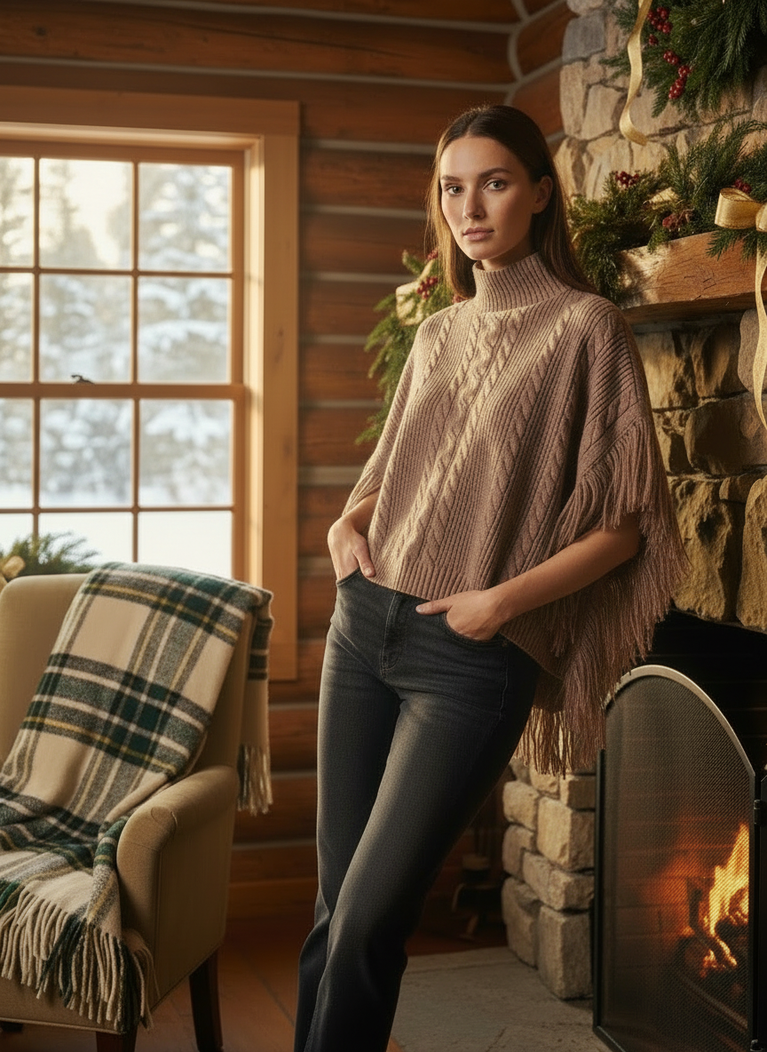 Cider | Turtleneck Poncho with Tassel Trim