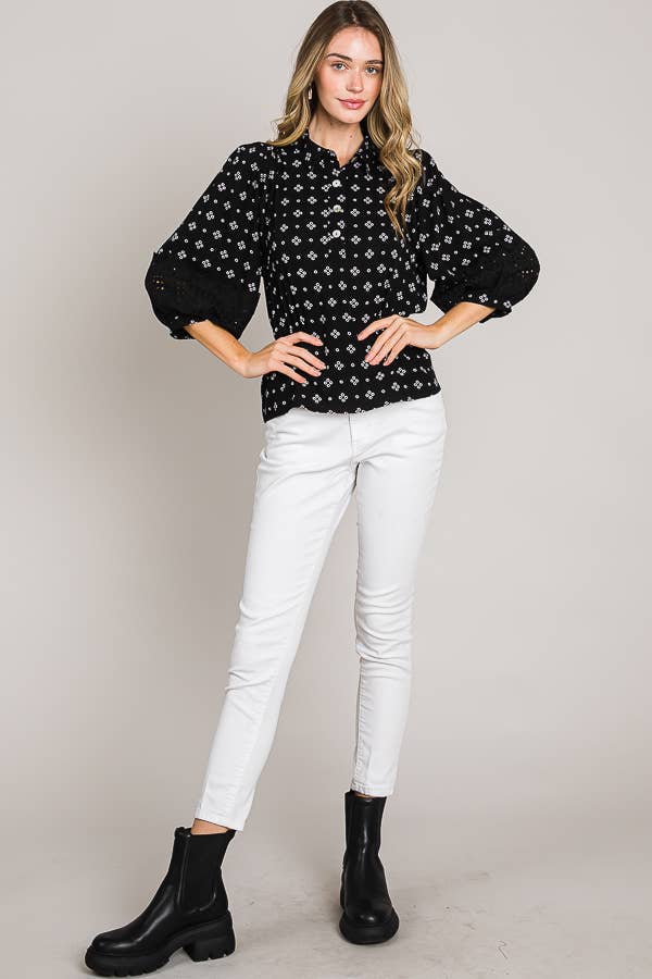 Esme Bracelet Sleeve with Eyelet lace trim blouse: Black