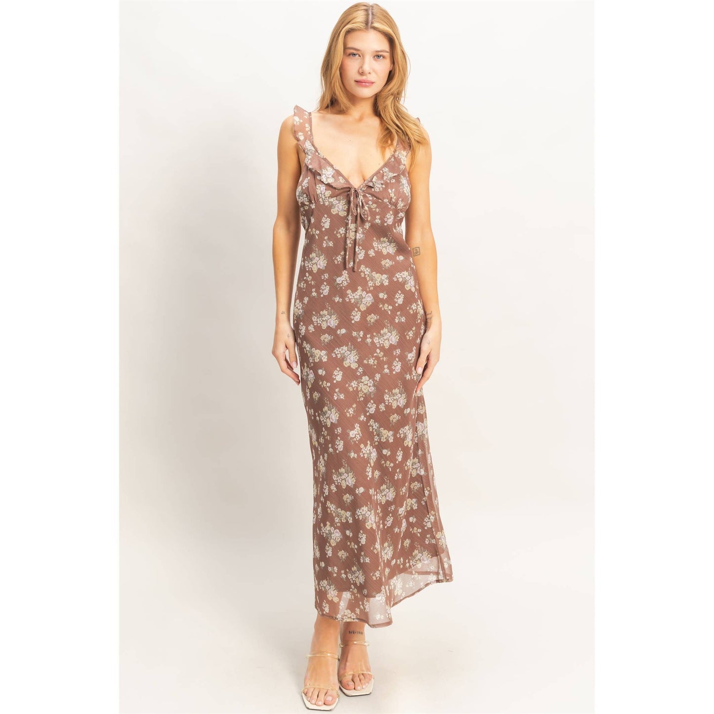 Sadie Floral Ruffle Strap Midi Dress: BROWN