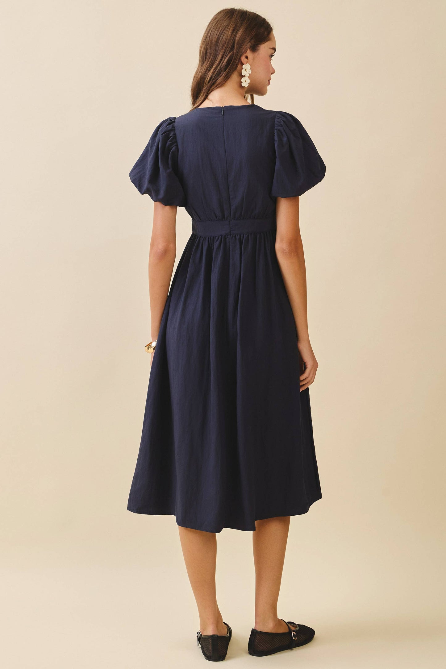 Voluminous Puff Sleeves Gathered Bodice Midi Dress: Navy
