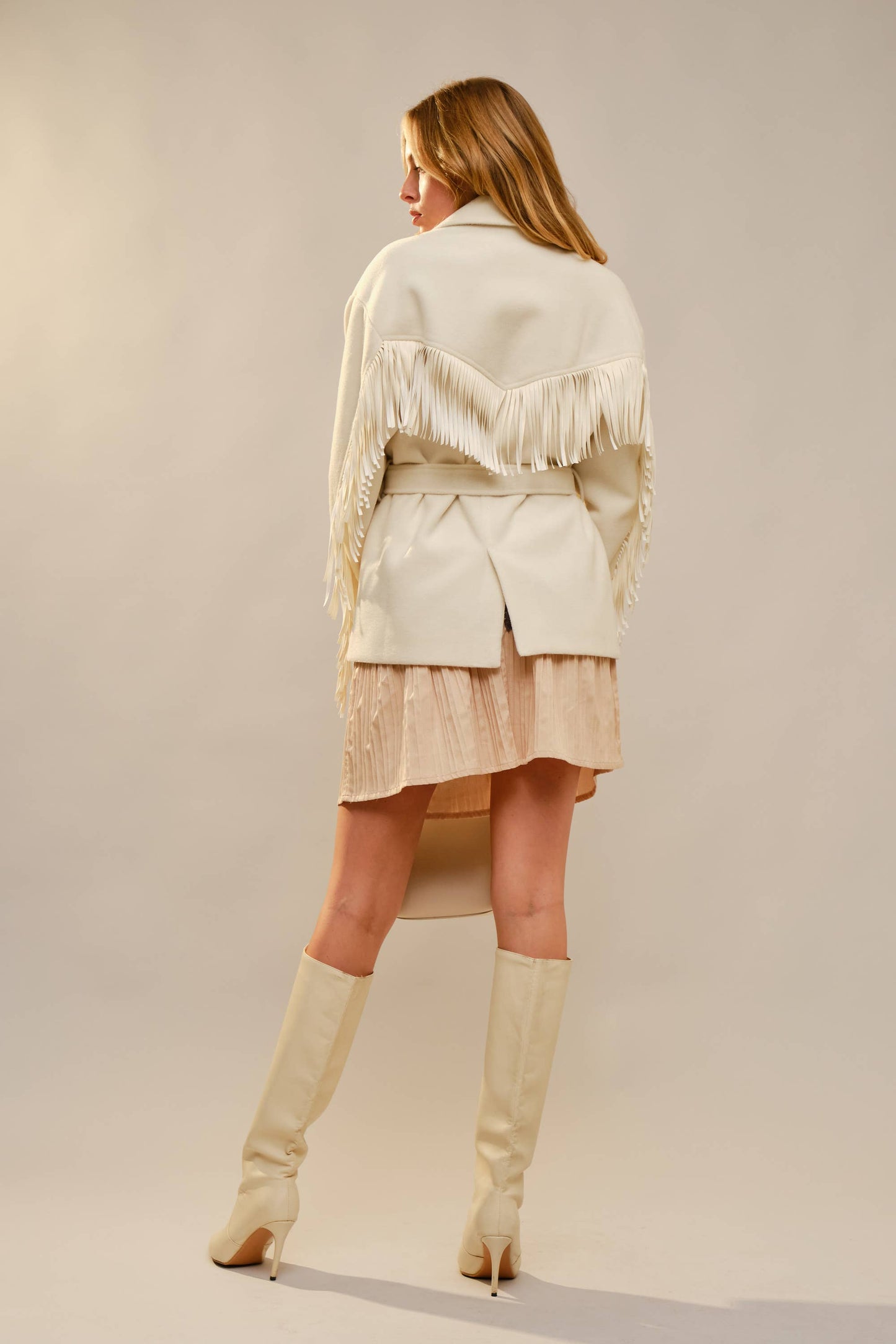 Westward Self Tie Belted Fringe Jacket: CREAM