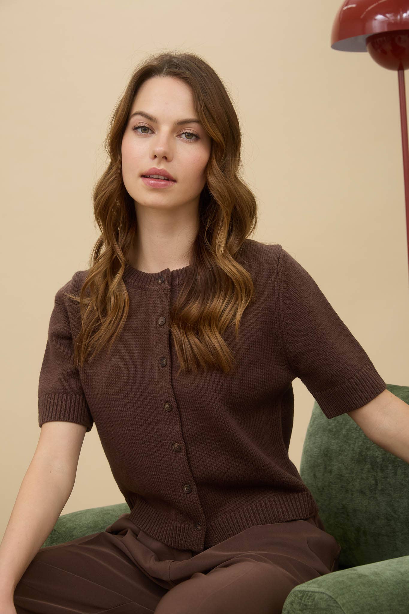 Allison Short Sleeve Knit Cardigan Top: Brown