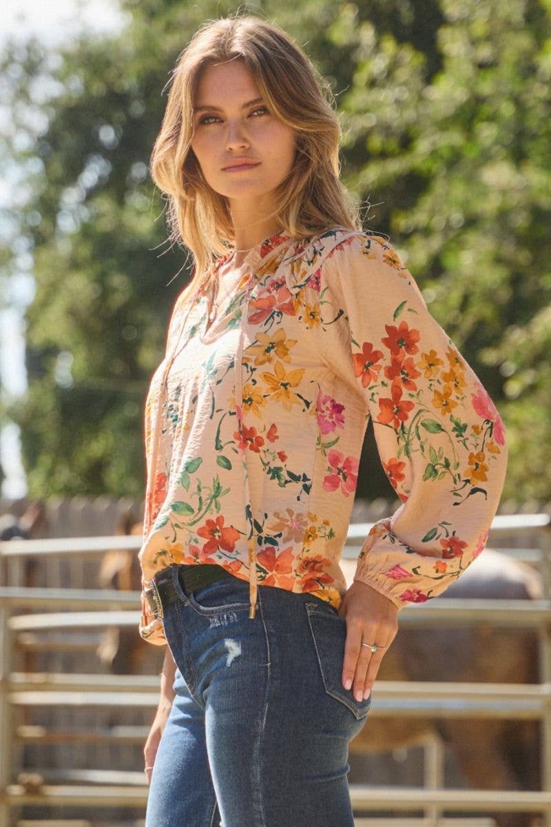 Floral Printed Long Sleeve Blouse: Black Multi