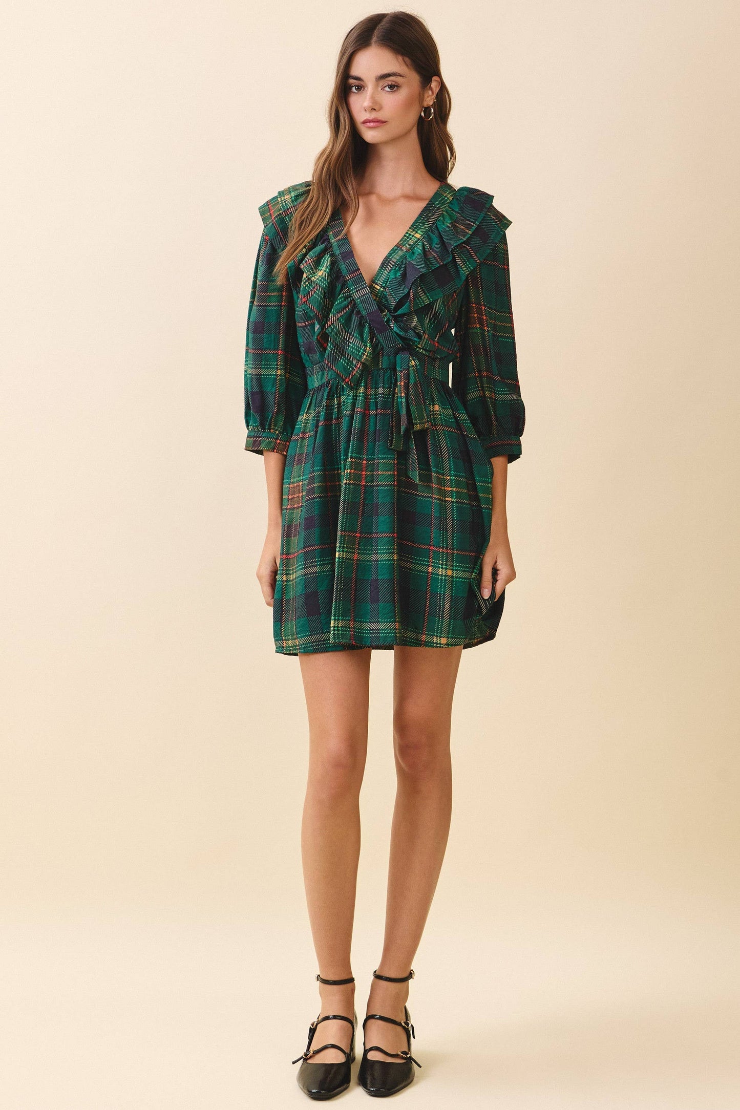 Tartan Plaid Deep V Neck Ruffle Trim Detail Wrap Dress: Green